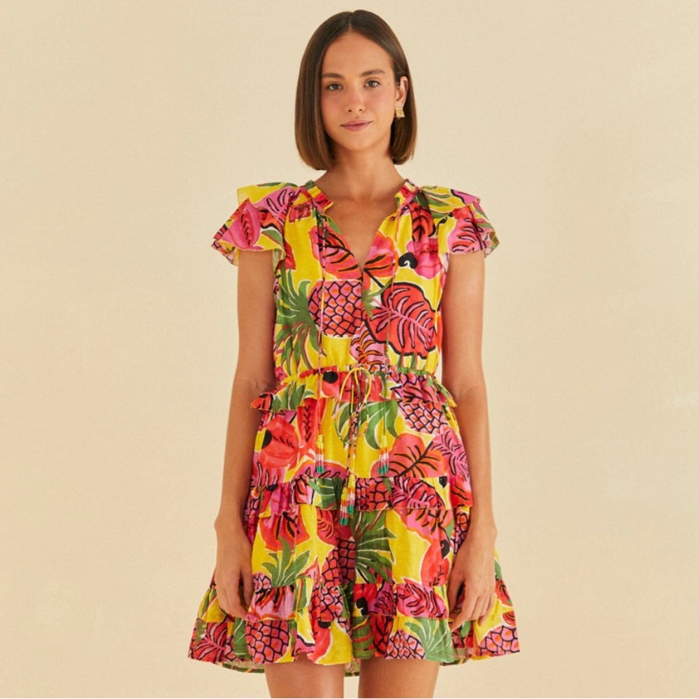 FARM Rio Yellow Fruit Dream Ruffle Mini Dress